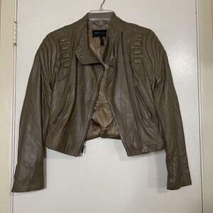 BCBGMaxazria taupe brown real leather full zip cropped moto jacket size small